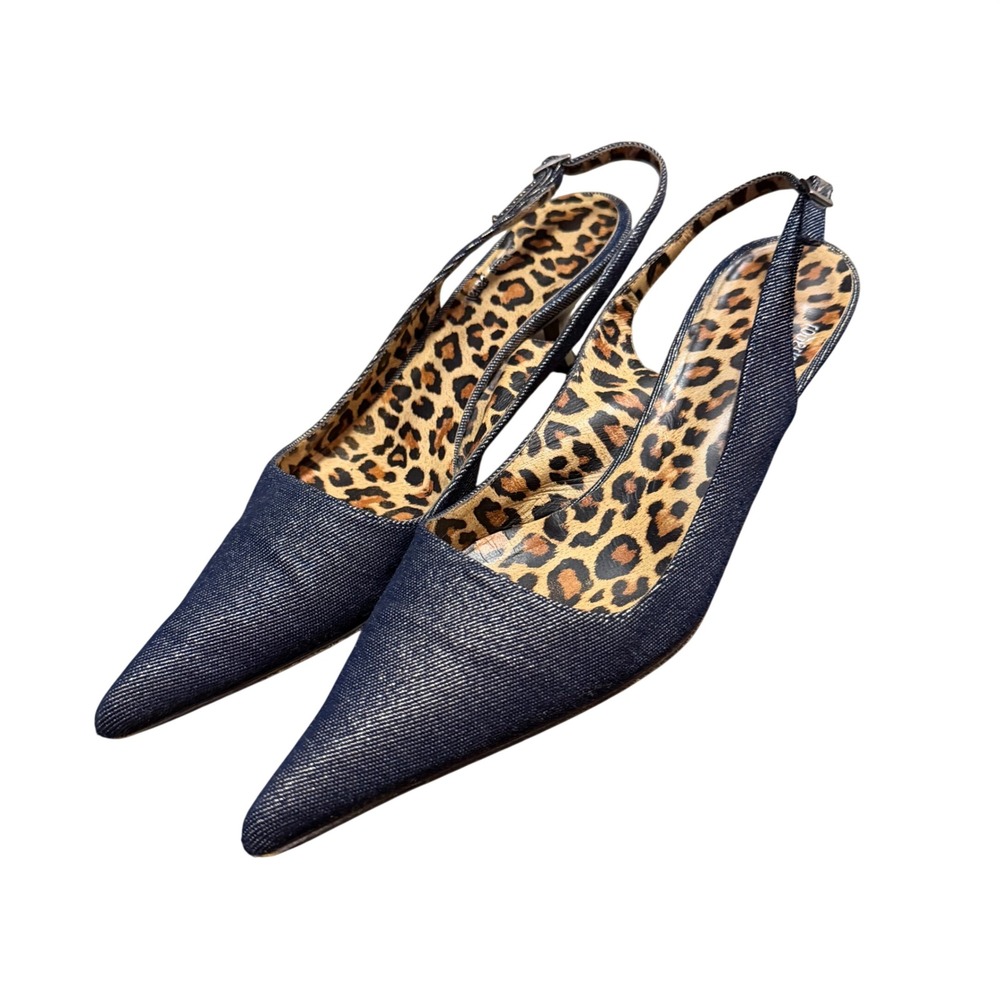 Vintage Roberto Cavalli Denim & Leopard Print Slingback Kitten Heels IT 40.5 Y2K